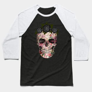 Floral skull with black roses crown Baseball T-Shirt